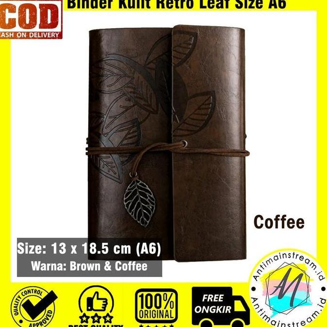 4indrashoppp  - (bisa custom nama/ logo) buku catatan binder kulit retro leaf a6 - notebook agenda k