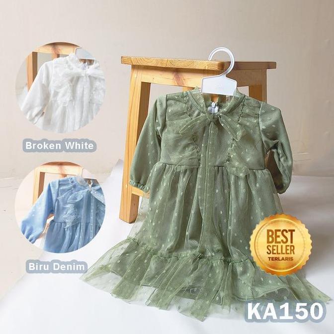 Baju Gaun Bayi Perempuan Lucu 6 12 bulan Korean Style Dress Tile Dot Sage Green Denim Baju Anak Pere