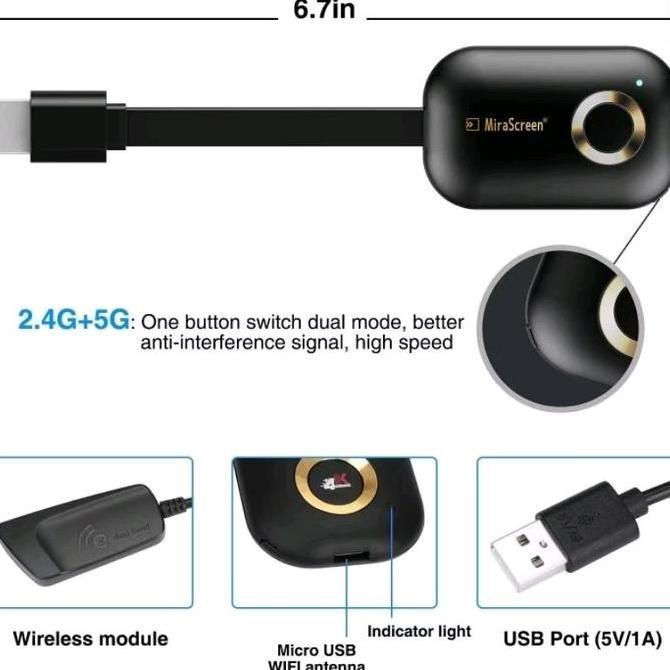 Promo Mirascreen G9 Plus 5G+2,4G 4K Hdmi Wireless Display Dongle Mirroring Smartphone To Tv