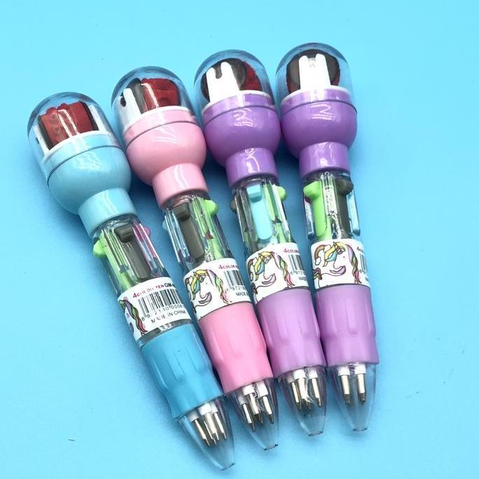 BOYFIRO Pen 4 Warna 5in1 Pendek + Roller Stamp Karakter Lucu Pulpen Multicolor