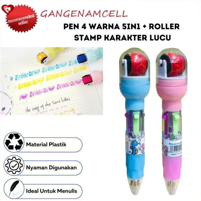 BOYFIRO Pen 4 Warna 5in1 Pendek + Roller Stamp Karakter Lucu Pulpen Multicolor