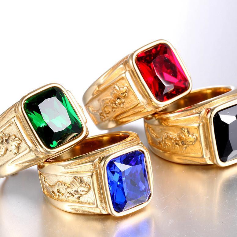 Fashion Vintage Kepribadian Rubi Safir Hitam Permata Hijau Kristal Baja Titanium Pria Cincin Naga Em