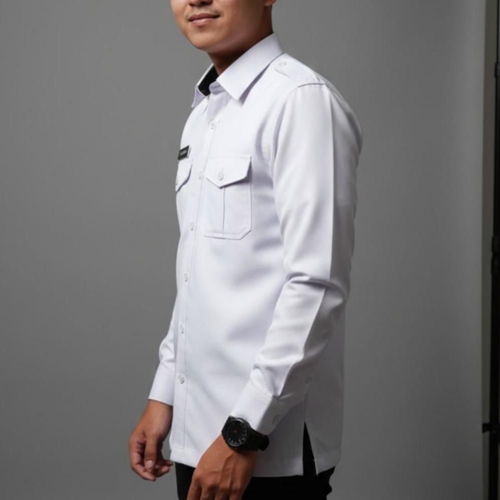 Saless Kemeja Pdh Putih Pria Premium Lengan Panjang Bahan Semi Wooll Adem Lembut Ukuran S-Xxl