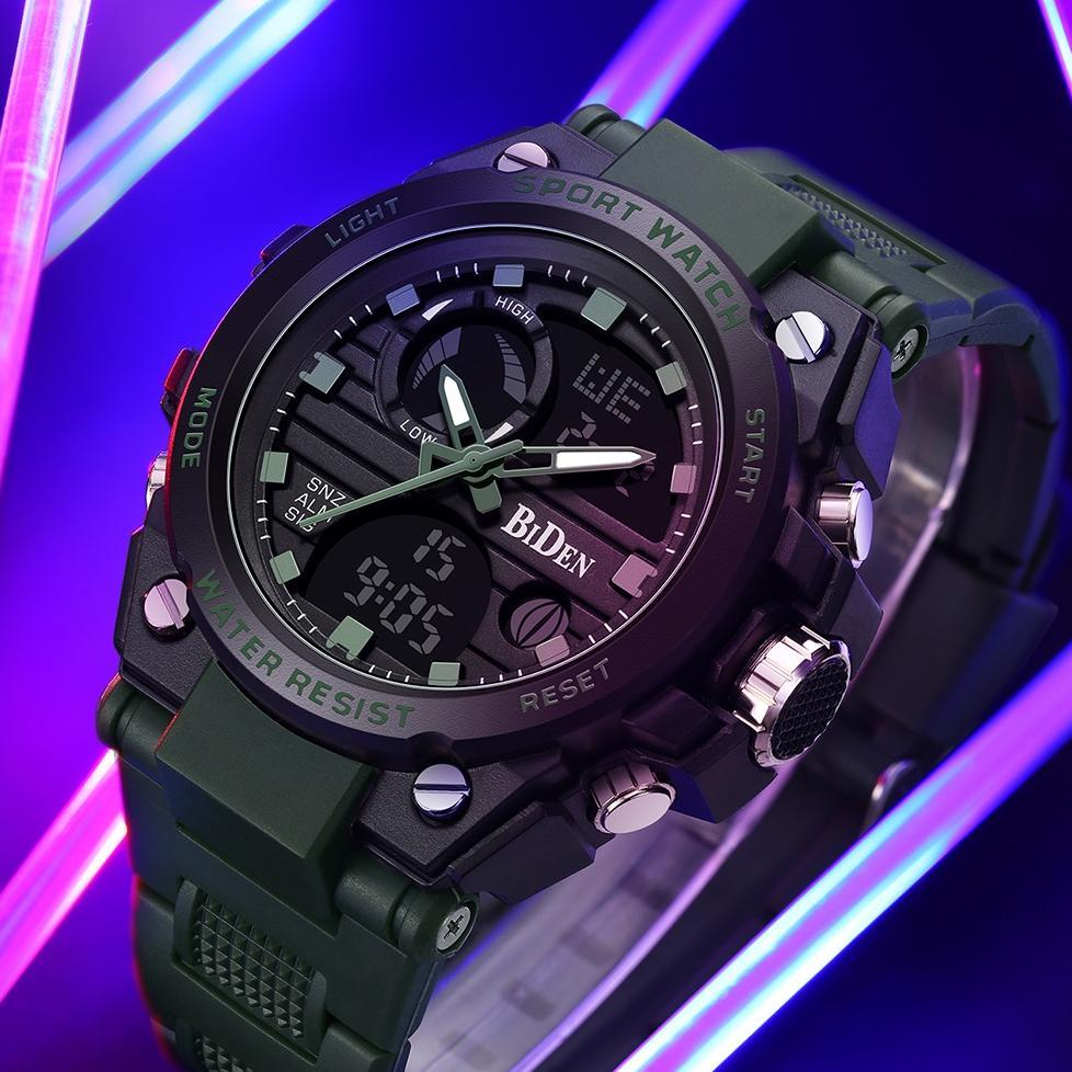 STOK TIPIS BIDEN Jam Tangan Pria Digital&Analog Anti Air Olahraga Militer Pria Tali Silikon Luminous