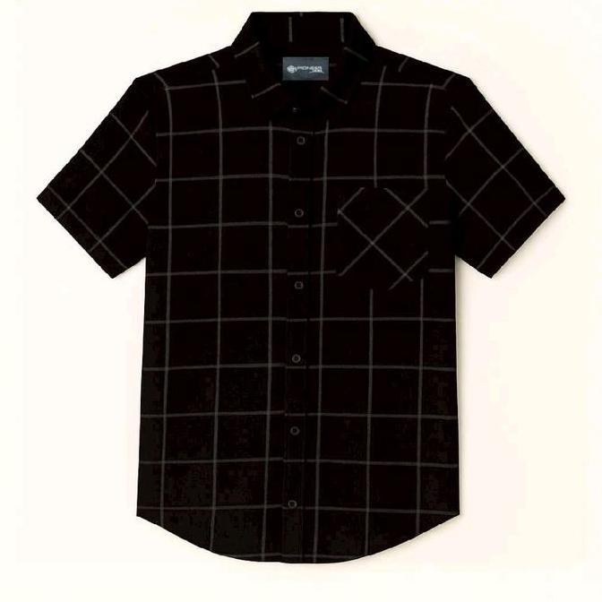 DI142 - Kemeja Casual Flanel Pria Lengan Pendek Baju Kotak Hitam Garis Gold Distro Motif Panjang Tan