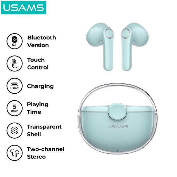 Lansungkirim- Usams Bu12 Tws Transparent Unique Macaron Earphone Bluetooth 5.1