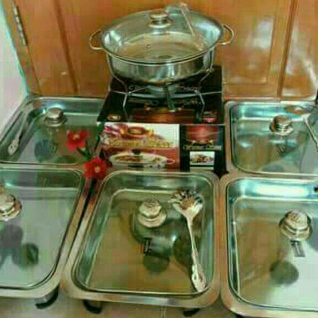 Promo Tempat Makan Prasmanan Set Tutup Full Kaca Atau Batik Bahan Stainless Isi 5 Kotak + 1 Bulat Me