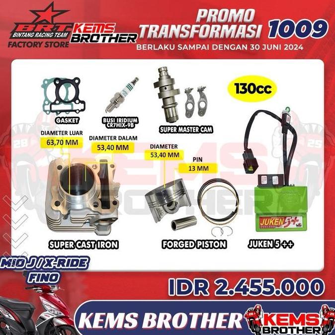 PAKET BLOK BRT CASTING IRON BOREUP 130CC 155CC MIO J XRIDE FINO HEMAT 3 (BLOK PISTON FORGED NOKEN AS