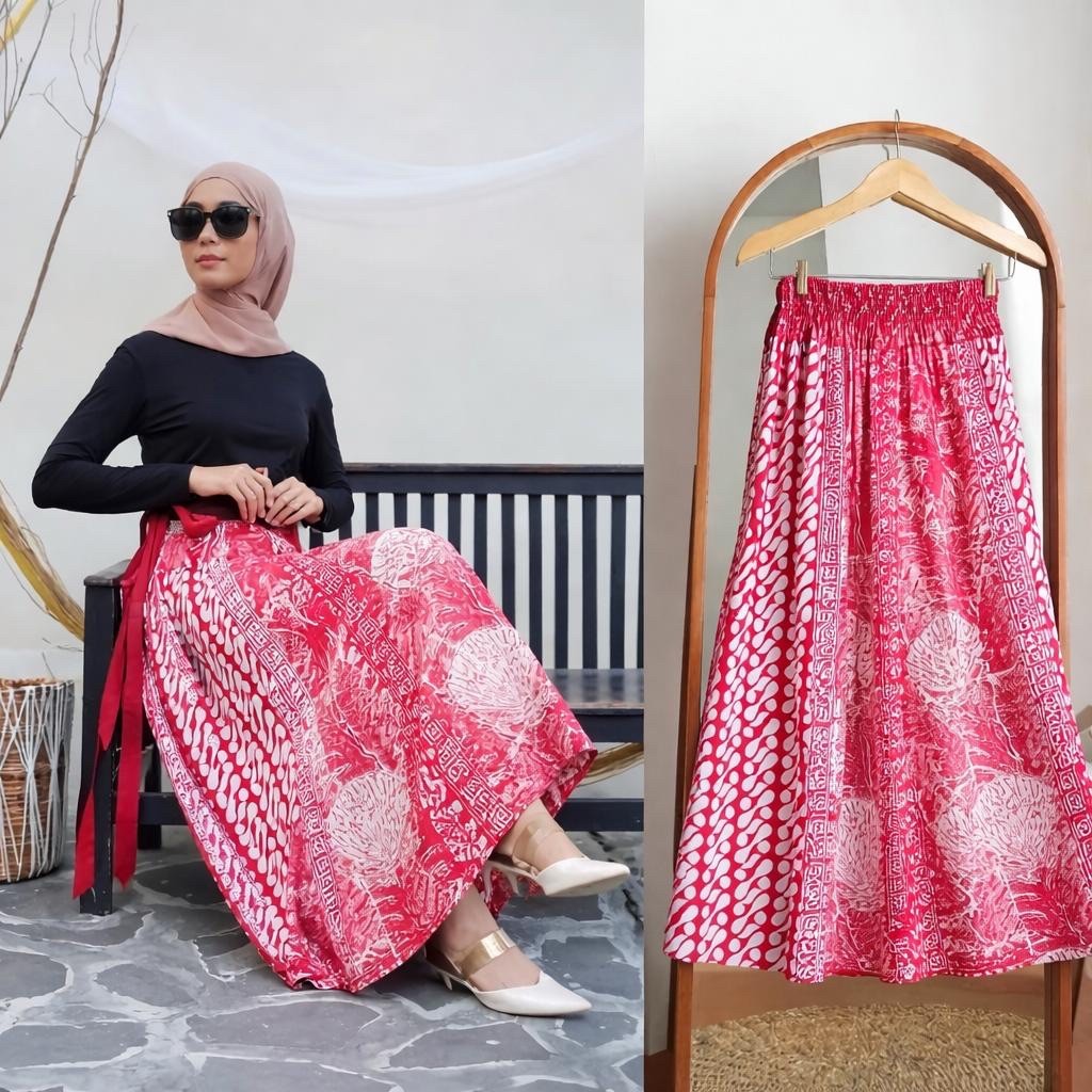 Rok Batik Cap Model Payung Karet Rok Merah Putih Rok Kemerdekaan Rok Agustusan-Rok Karet Merah Putih