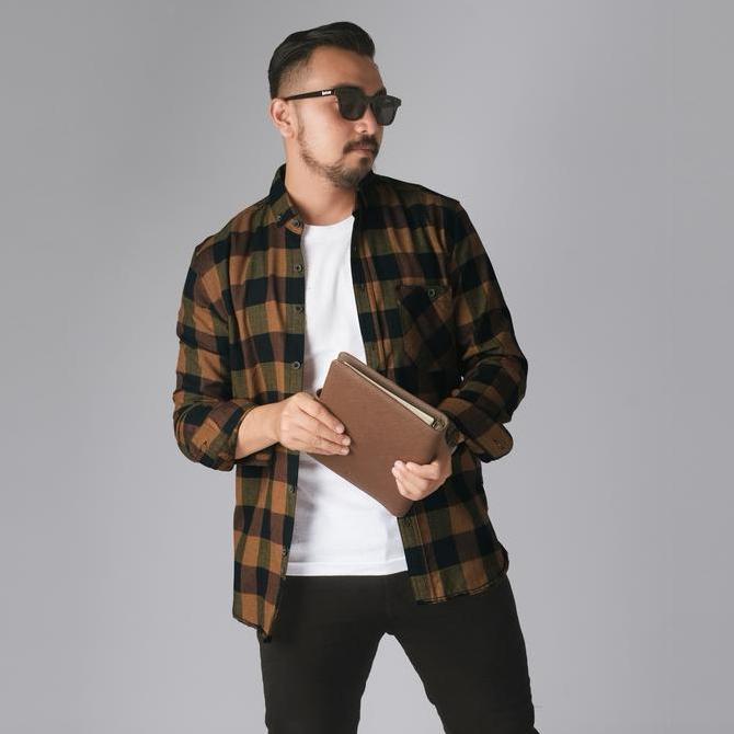 Kemeja Pria Flanel Panjang Premium Kotak Kotak Kemeja Flanel Kuning Hitam 2662 Terbaru 