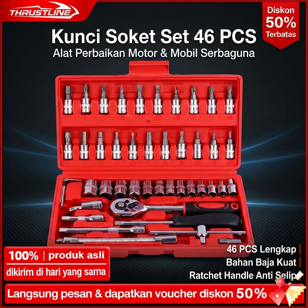 46pcs Tool Kit Socket Wrench Set - Alat Perbaikan Otomotif Mobil Motor Bengkel Servis Lengkap