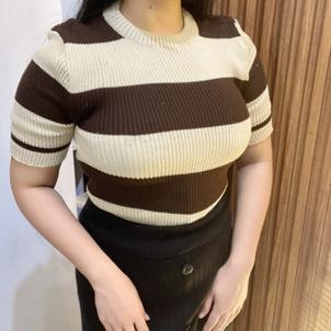 Pakaian Striped Wanita Garis garis Baju Atasan Lengan Pendek Stripe Kaos Salur Wanita Rajut Tebal Pr