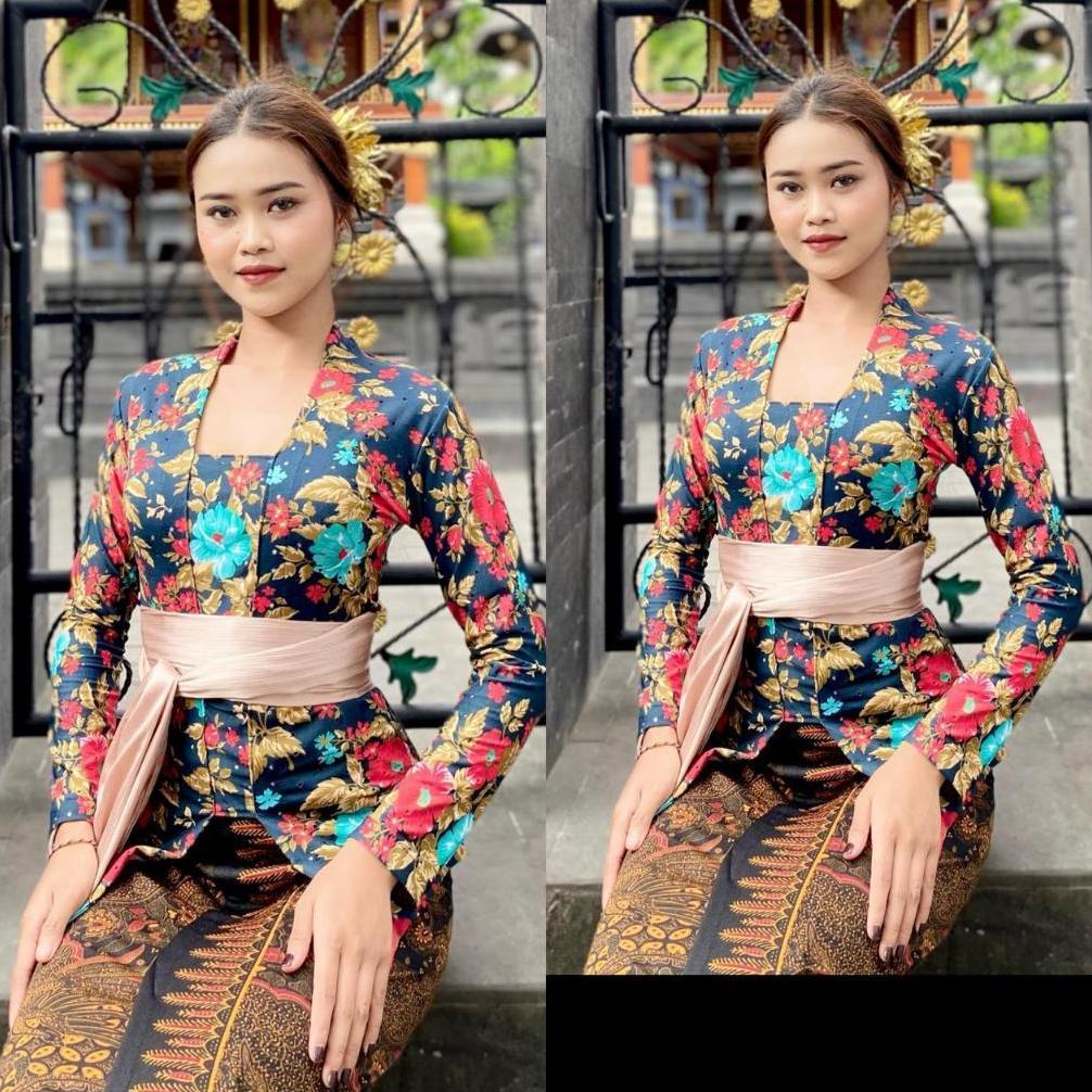 Premium Kebaya Kaos Bunga Bahan Strait Baju Kebaya Kutubaru Motif Floral Kembang Tangan Panjang Jadu