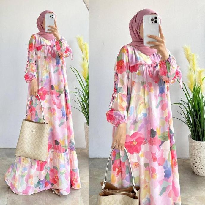 UPFRADE STYLE  Larissa Gamis Muslim Rayon Motif Bunga-Bunga Gamis Terbaru Rempel Susun  Lebar Mewah 