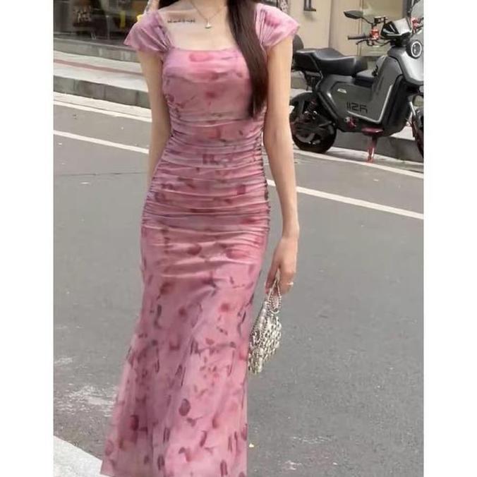 PREMIUM 988 Gaun pink summer dress big size party dress women manis floral Gaun terbuka  modis   big