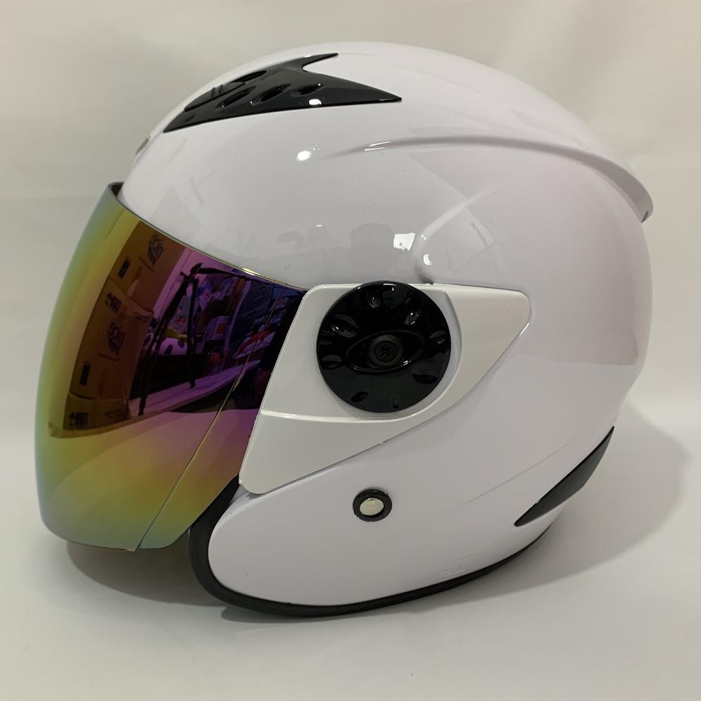 Terlaris Helm Vision 2 Putih Glossy Polos Solid - Kaca Iridium Silver Pelangi Rainbow - Helm Vision 