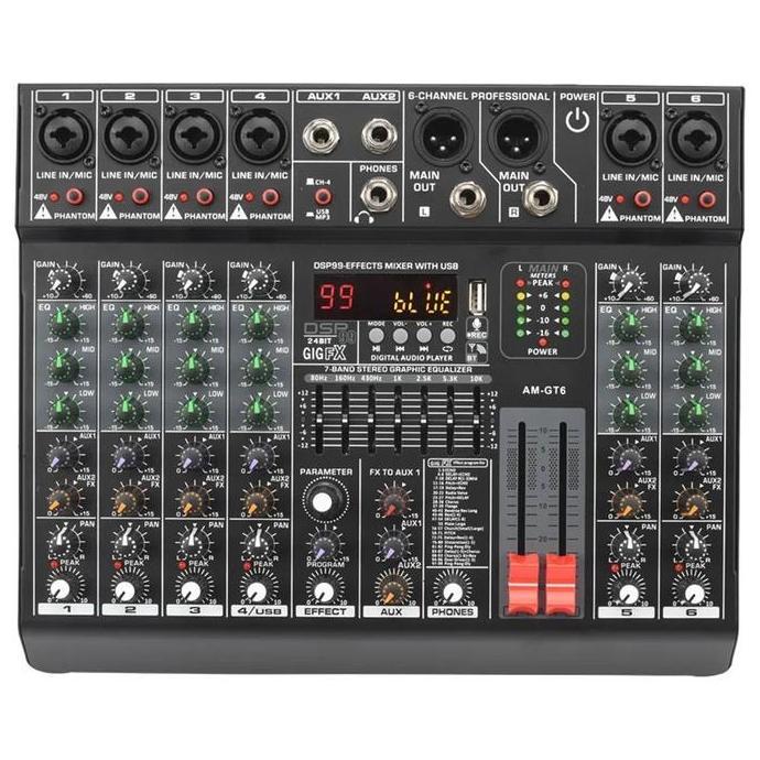 SPLENDENS LOMEHO AM-GT6 Mixer Audio Profesional DSP 99 Efek Bluetooth USB 6 Channel dengan Input 6 C