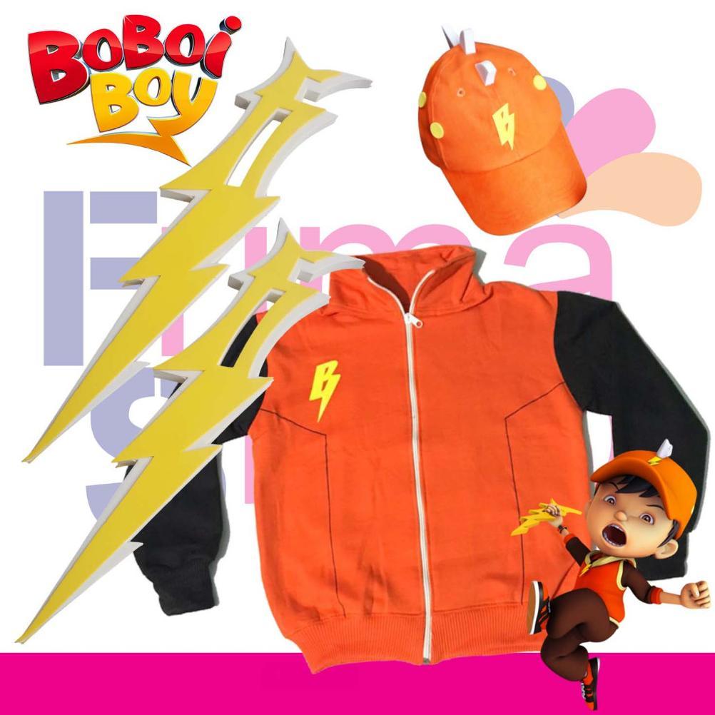paket kostum anak topi + jam tangan + jaket sweater + keris petir boboiboy stokready