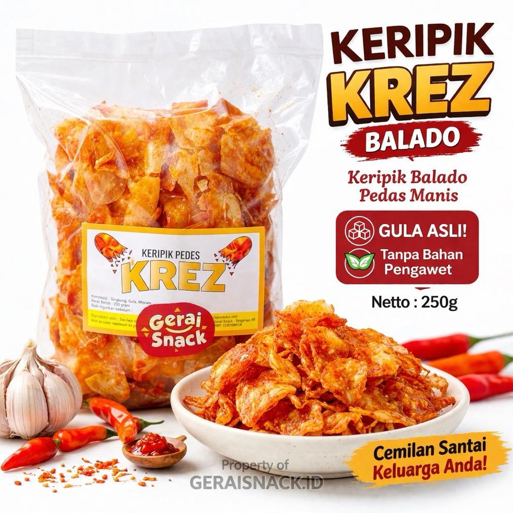 Terbaru KREZ Keripik Singkong Balado Pedas Manis Tanpa Bahan Pengawet 250g