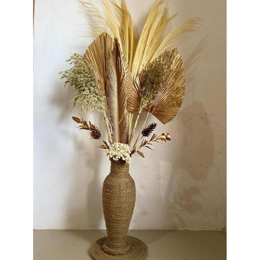 Paket Bunga Kering dan Pot Besar/ Dekorasi Rustic/ Daun Palem Kering/ Pampas Kering/ Dekorasi Rustic
