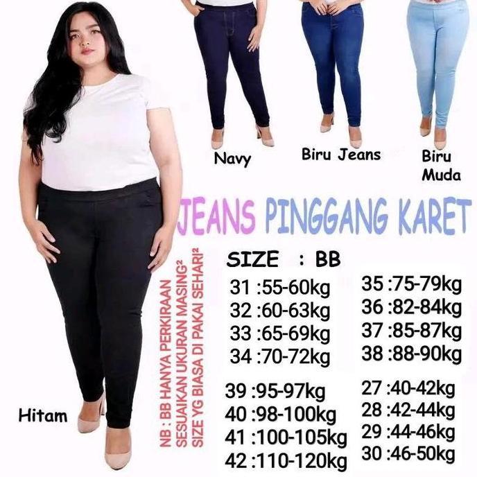 Behimee_ - Celana Jeans Wanita Pinggang Karet Panjang Melar Tebal Elastis Ngaret Hitam Polos Putih S