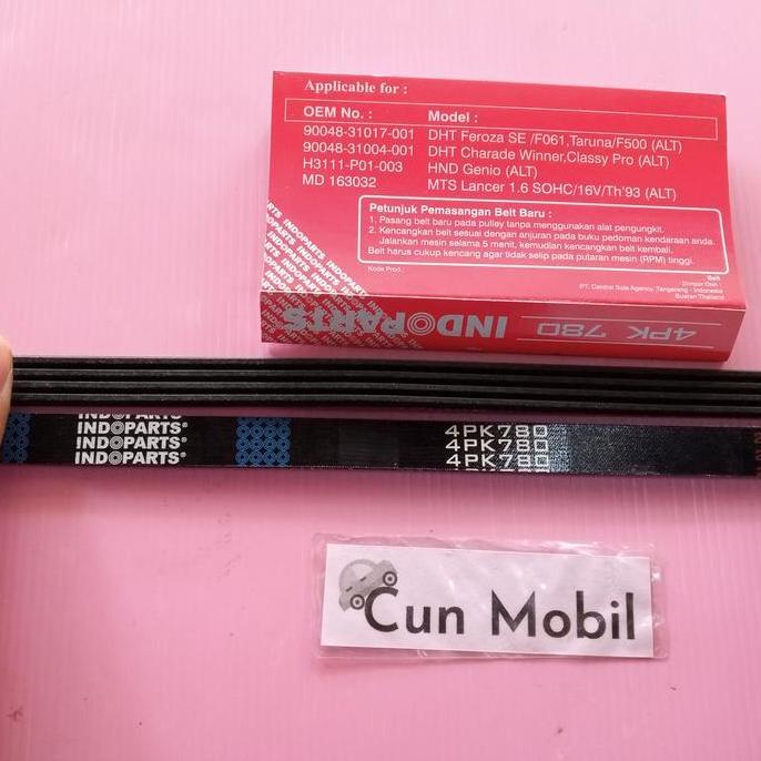 RIBT BELT VAN BELT INDOPARTS 4PK 780 LANCER 1,6 SOHC 16V TH 93 ALT TERMURAH