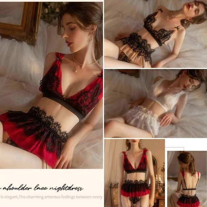 Lingerie Set Menawan Bra G String Transparan Renda Lingerie T12 Bh Tidur