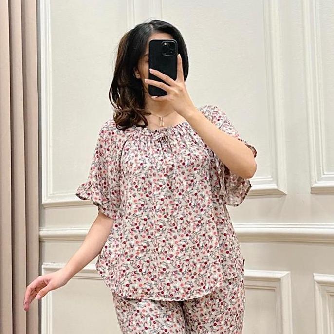 Idham_Bestt - Amariel Julia Oneset Piyama Setelan Atasan Baju Celana Panjang Tidur Nyaman Adem Ruffl