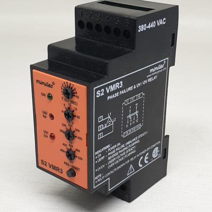 Minilec S2 VMR3 phase failure relay 380-440VAC dengan Voltase Sistem 48-63 Hz dan Kontak Keluaran 2 