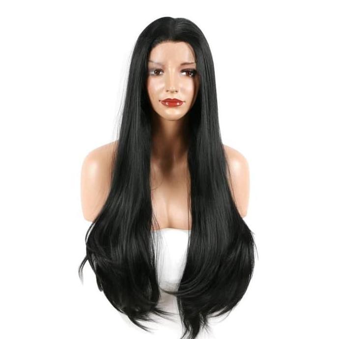 Wig Hitam Panjang Lurus Lace Front Wig Long Straight Ella Lurus Panjang Belah Tengah Hitam