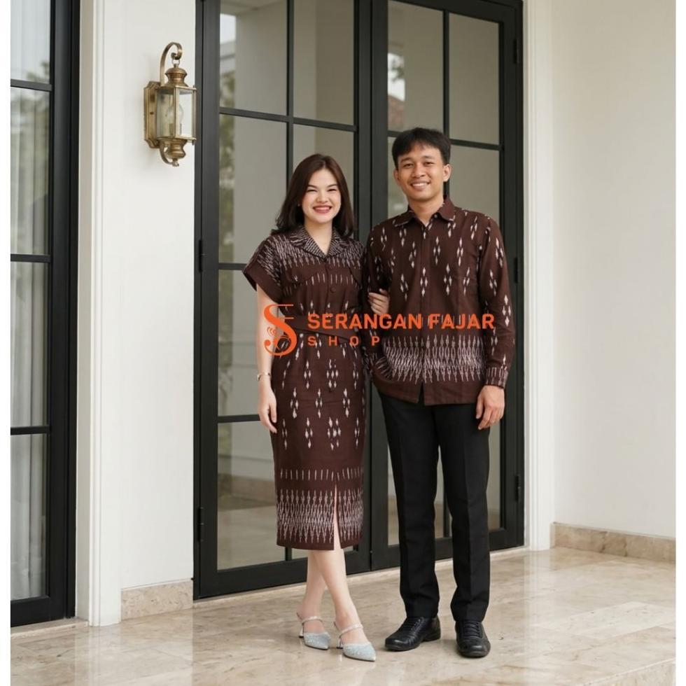 Couple Stella Dress Tenun Mahogany / Baju Couple Pasangan Kondangan/ Dress / Kemeja/ Couple Keluarga