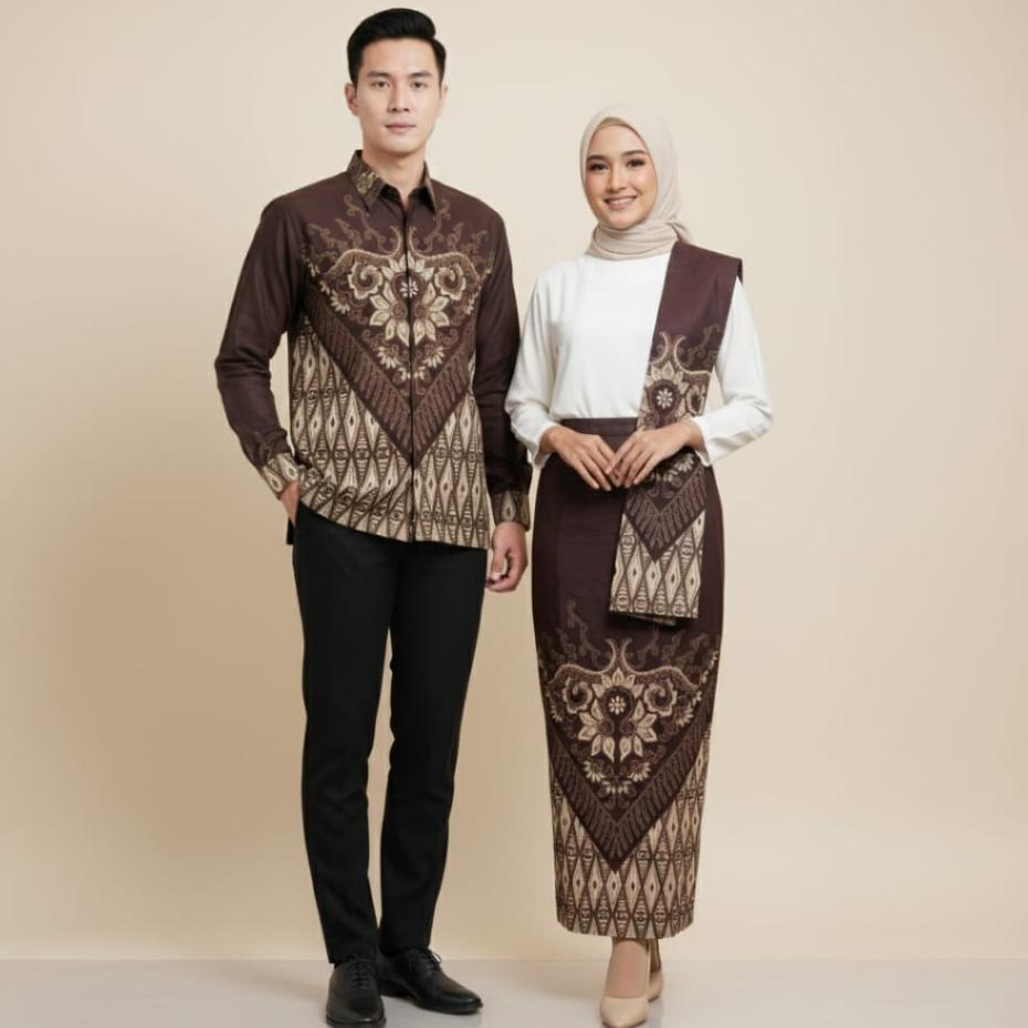 Couple Batik Modern Set Kemeja Batik Dan Rok Span Motif Rama Coklat Mahogany By Nuansa Batiku