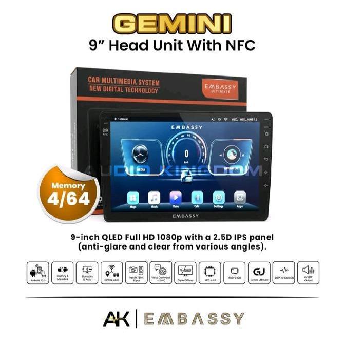 Head unit android 9 inch embassy ultimate gemini layar Qled calay NFC
