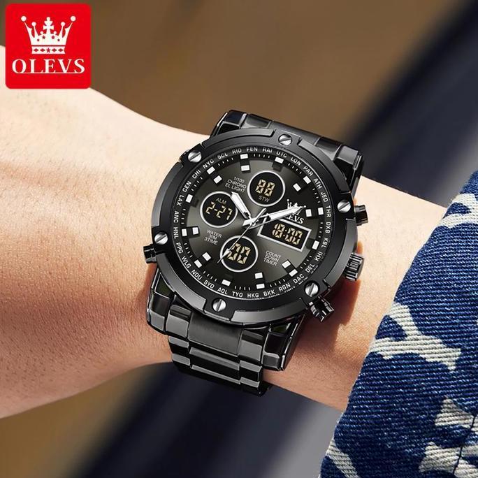 Boshi- Olevs Jam Tangan Pria Anti Air Multifungsi Luminous Kalender Alarm Analog Cowok Fashion Hitam
