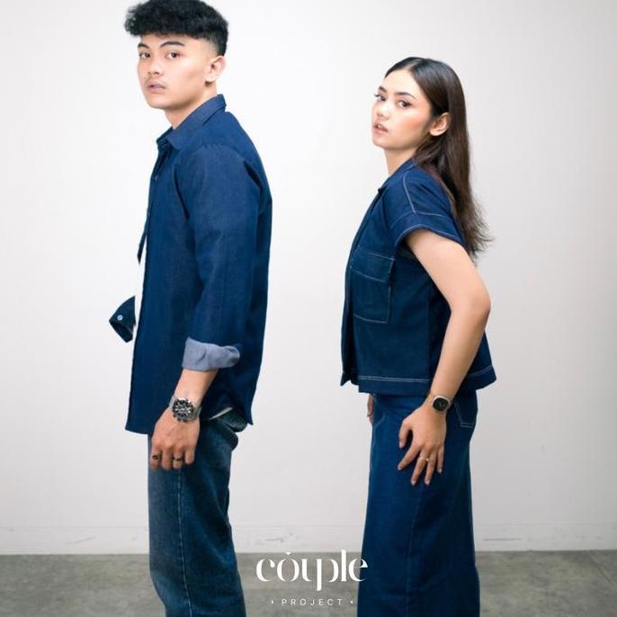 Couple Project - Denim Couple Set Baju Pasangan Cewek Cowok Kemeja Panjang dan Vest Denim Wanita Sof