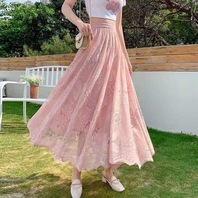 Wanita Lace Skirt Rok Renda Kupu Wanita Pinggang Tinggi Panjang Sedang A-Line Rok Temperamen Menggan