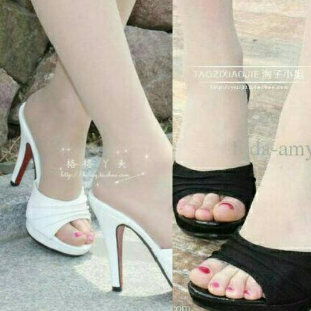 HOT Alice - Real Pic Sepatu Hak High Heels Tinggi Wanita Korea 9cm kokop hitam putih slop depan