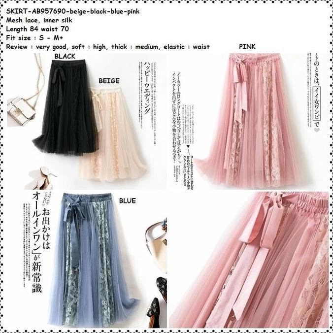 AB957690 Rok Panjang Midi Skirt Pita Tutu Pesta Wanita Korea Import Hitam Pink Dusty Blue Biru