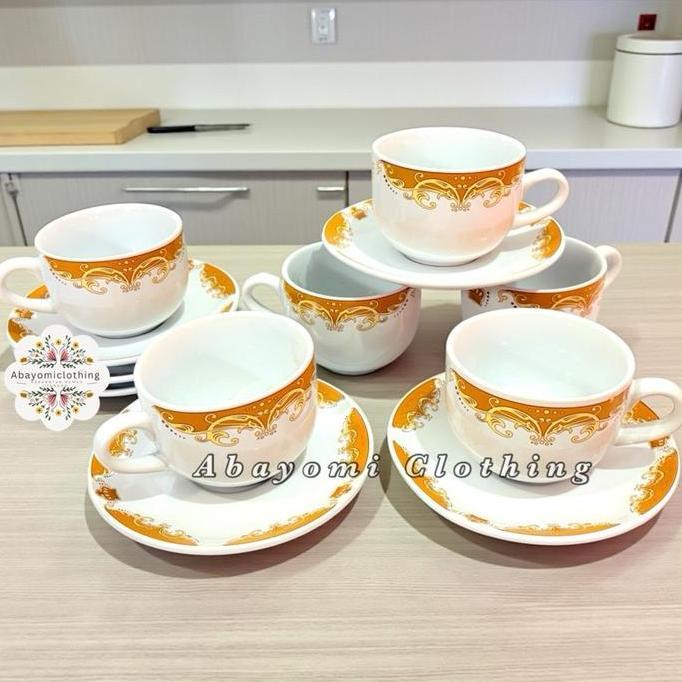 TERMURAH - 1 SET GELAS KERAMIK SUNBIRD MAHKOTA MEWAH ISI ( 6 GELAS + 6 TATAKAN )GELAS KOPI KERAMIK S