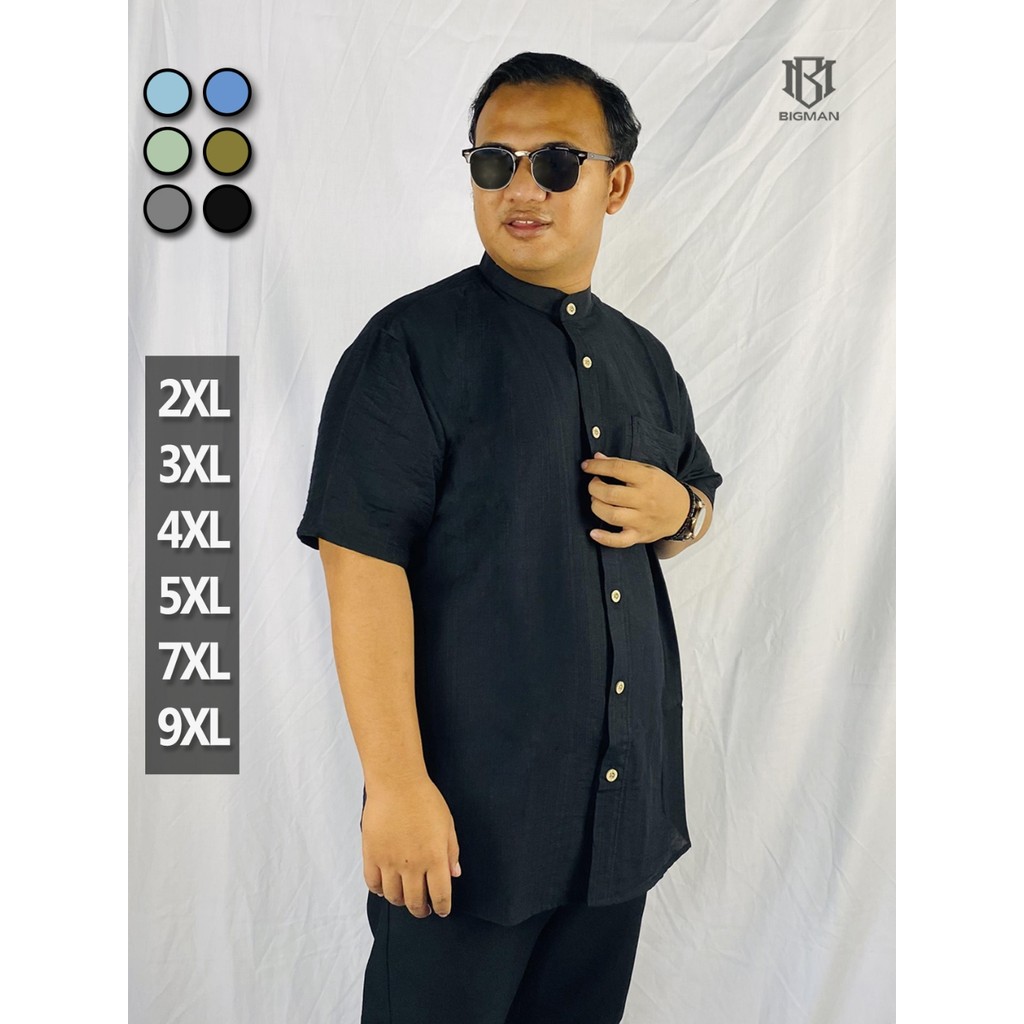 BigUP Kemeja Polos Linen Kerah Shanghai Kasual Pria Jumbo