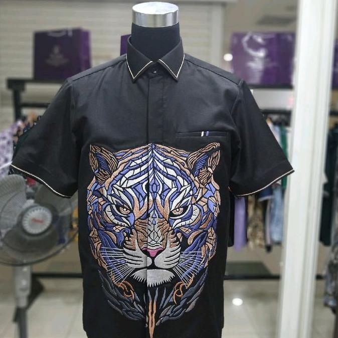 Kemeja pria bordir harimau bahan wool premium