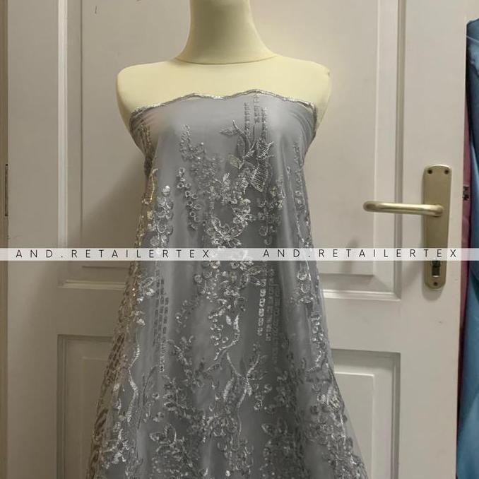 Kain Brokat Tile Full Payet Gracia Warna Silver Abu