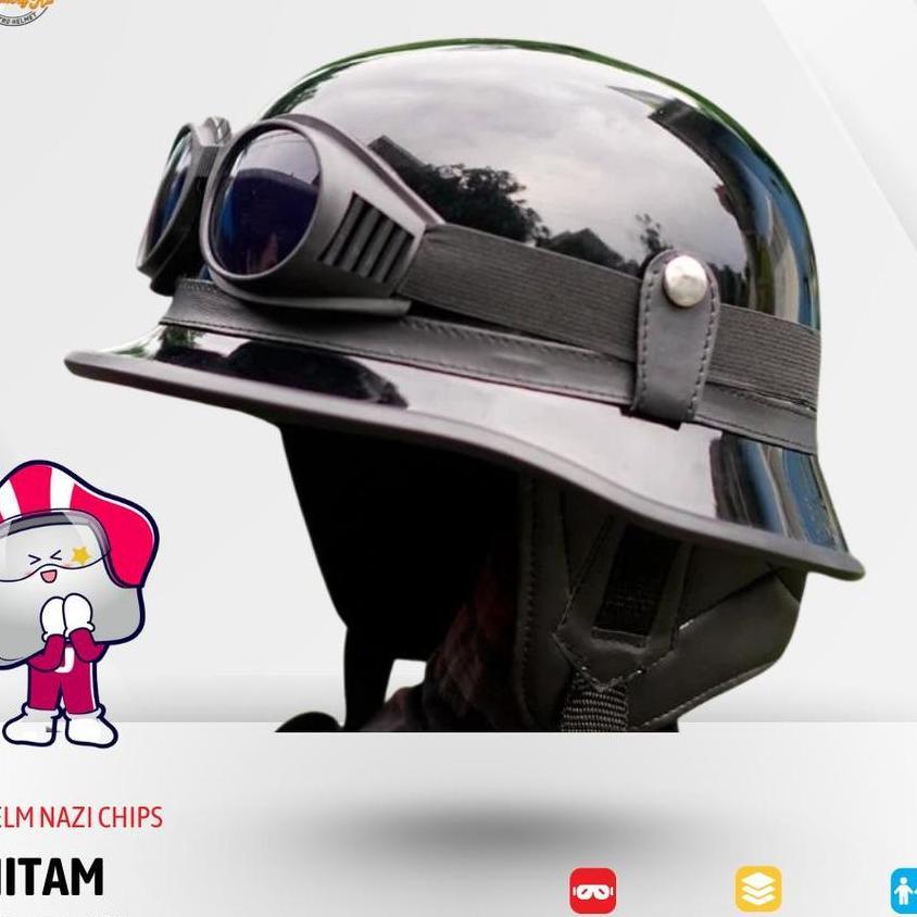 Helm Nazi Retro Chips Hitam Glossy Kulit Dewasa Cowok Cewek Unisex Vespa Aesthetic Kacamata Skena