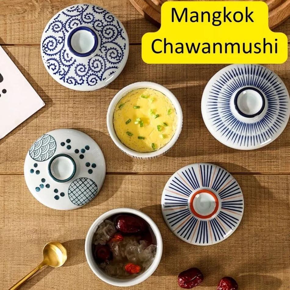 Mangkok Keramik Kecil Chawan Mushi Dengan Tutup Japanese White Blue Stew Bowl Cup With Lid