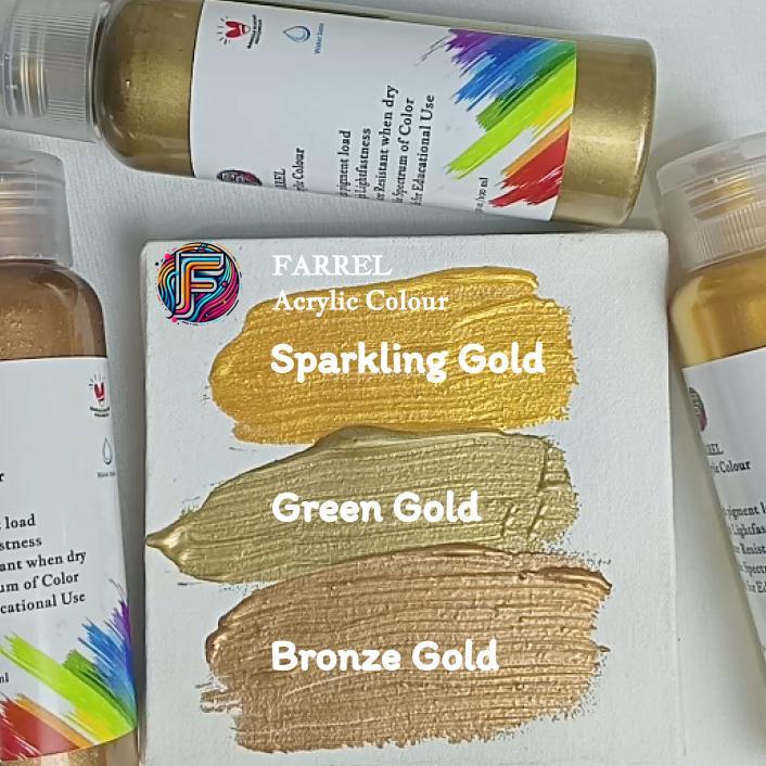 Terbaru Cat Akrilik Farrel Acrylic Colour 100Ml - Warna Emas Sparkling, Gold, Bronze, Green Cat Mura