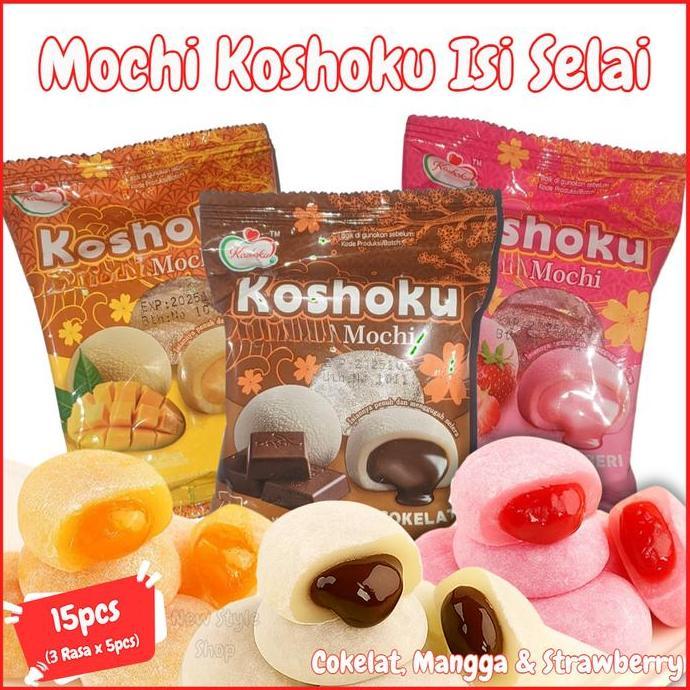 Ingredients- Mochi Koshoku Isi Selai 15Pcs Mix Rasa Strawberry, Mangga, & Cokelat  / Mochi Isi / Kos