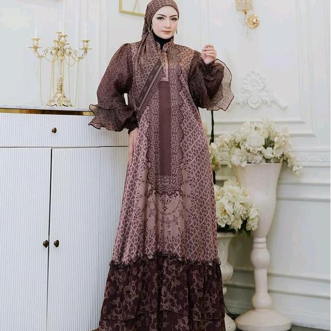 Gamis Keyra Series Eeva Syari Brand sister yodizein Full Silky Printing Mix Organza Muslim Lembut