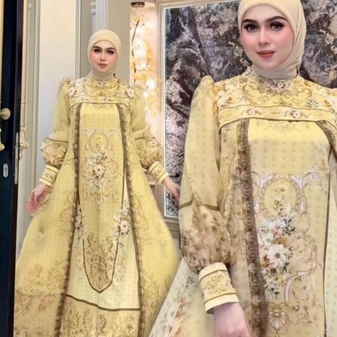 SHELLASAUKIA GAMIS Butter Yellow Langka OUTER LEBARAN DRESS VIRAL RAYA BAGUS ORI SHELLASAUKIA