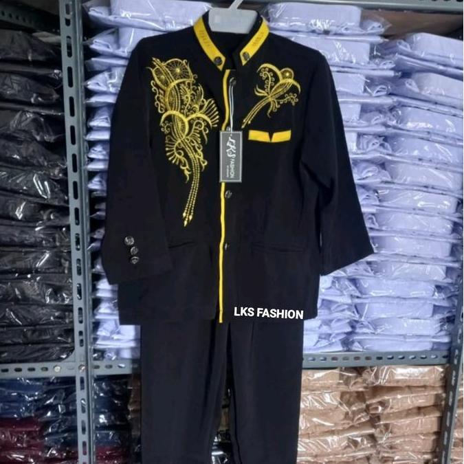 Stile- Jas,Ko Setelan Bordir Anak Laki Laki, Kain Hhtwits Baju Muslim Anak Tangan Panjang Hitam Navy