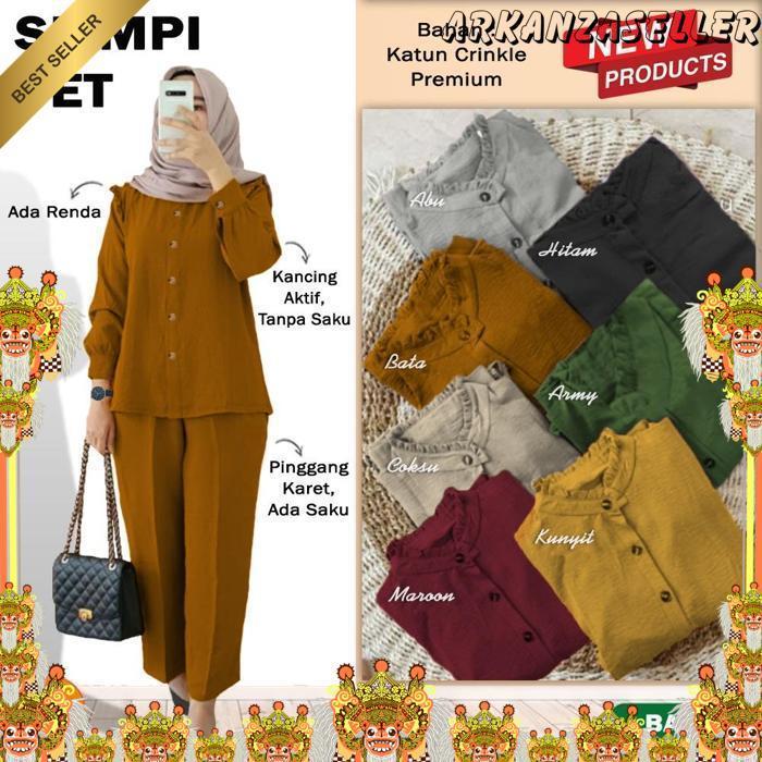 Setelan Baju Celana Wanita Muslim Slimpi Set Katun Crinkle All Size Xl-Xxl / 29288